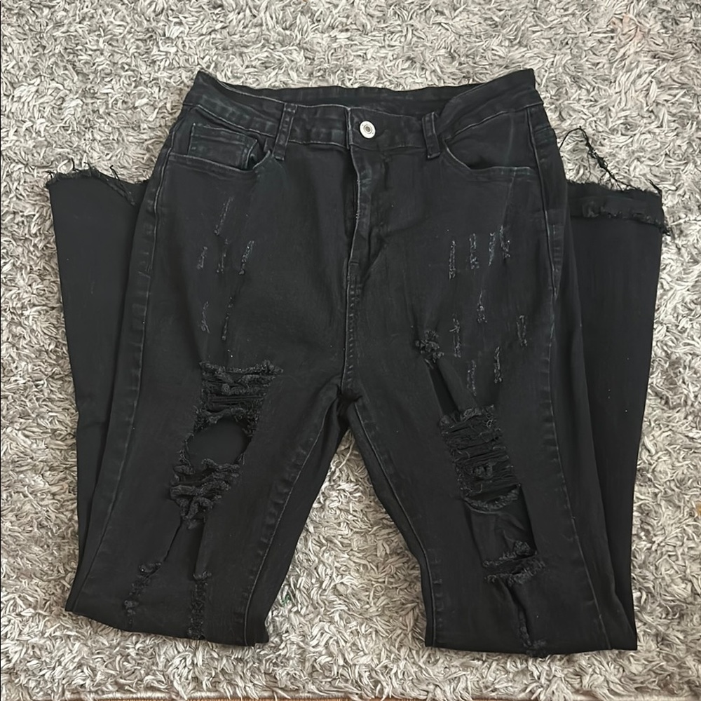 SHEIN Black Distressed Flare Jeans